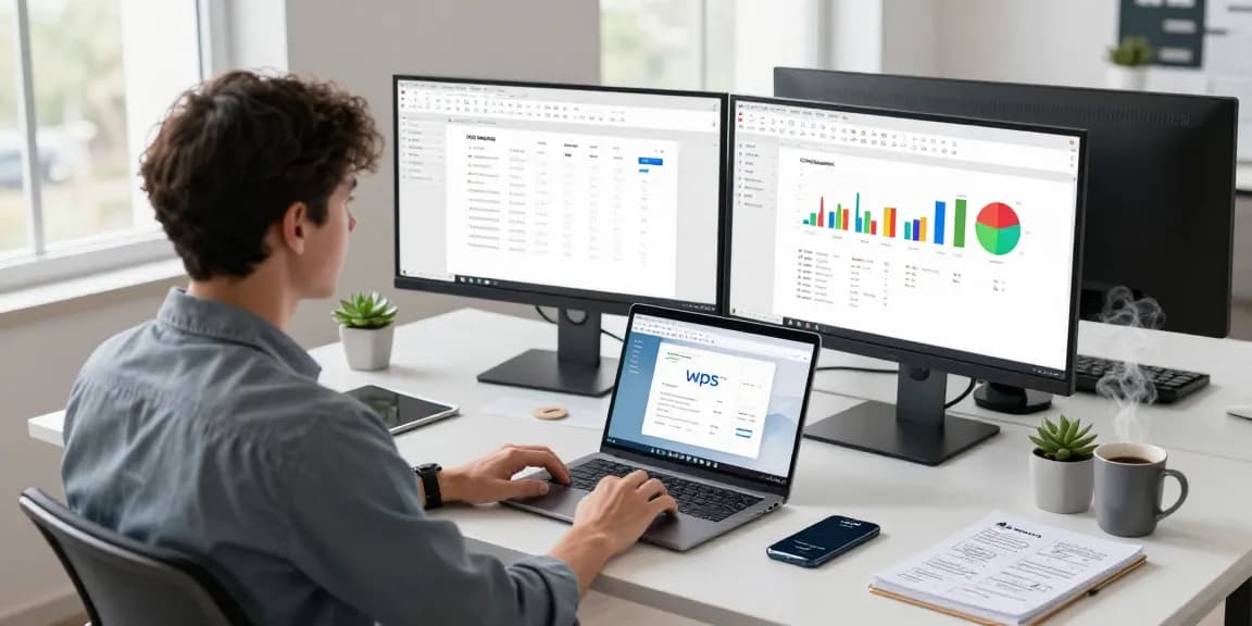 Download WPS Office in a modern workspace setup with dual monitors and a professional focused on productivity