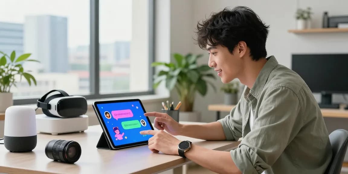 Interactive AI conversation scene with a user engaging with crushonai on a tablet in a modern workspace.