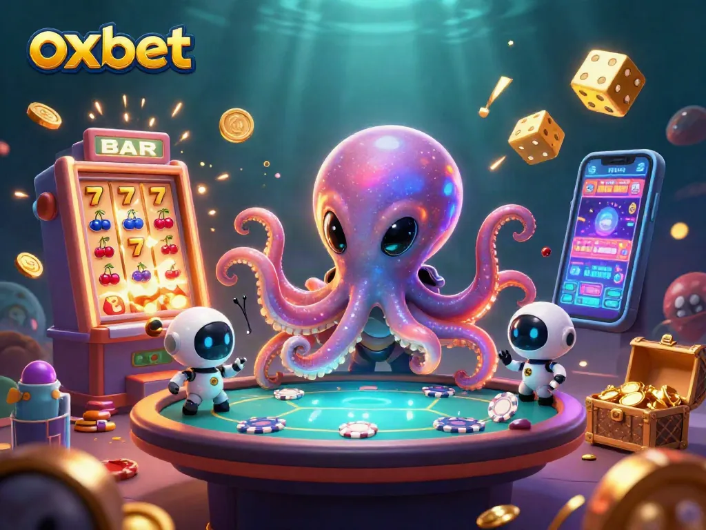 Engage with excitement at OXBET as a 3D alien octopus plays poker in a vibrant casino scene.