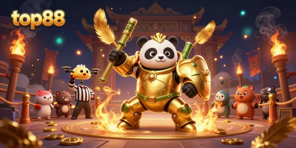 Experience exhilaration at top88 with a vibrant 3D casino scene featuring a golden panda mech.