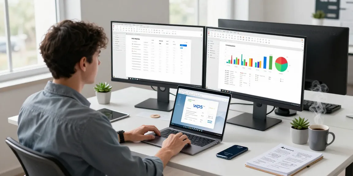 Download WPS Office in a modern workspace setup with dual monitors and a professional focused on productivity
