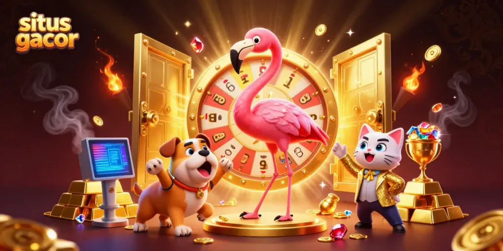 Experience excitement at situs gacor with a flamingo game show host spinning a golden prize wheel amidst treasures.