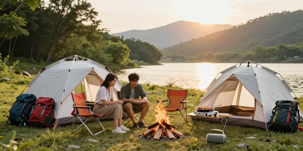 Camping adventure scene showcasing rokok88 gear in nature with sunset glow.