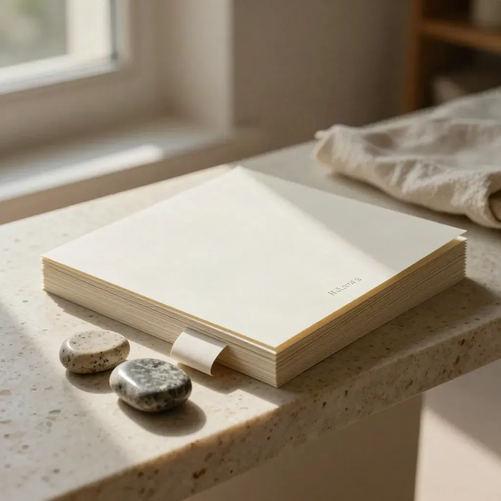Travertine naming shortlist folio with tabs and stone markers in warm studio light