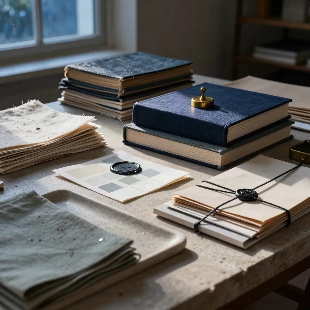 Rain-darkened storytelling atelier still life with paper stacks, books, brass weights and linen swatches.