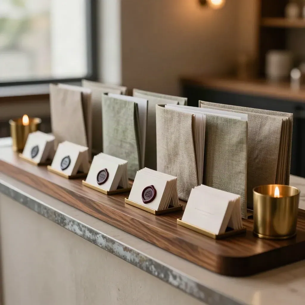 Linen folders, room-card sleeves, and brass candle holders aligned on a hospitality console.