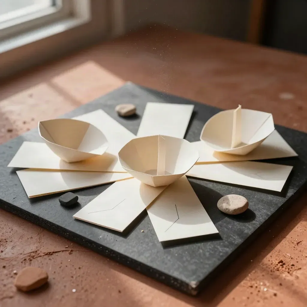 Three folded concept maquettes and muted swatches on a charcoal board in warm studio light