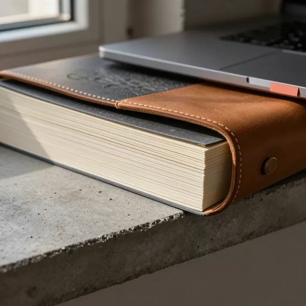 Macro of proposal papers, leather portfolio, and closed laptop edge on a concrete shelf in a Berlin studio.