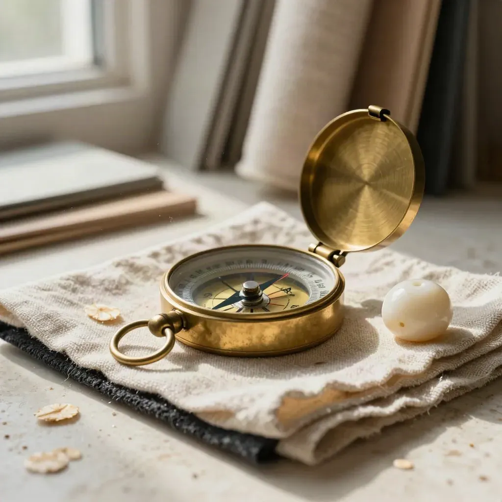 Brass compass, linen swatch and bone paperweight on travertine, lit in warm raking light.