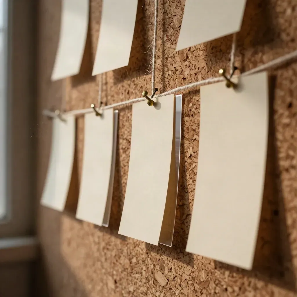 Blank index cards, acetate strips, and twine pinned on cork in a strategy workspace.