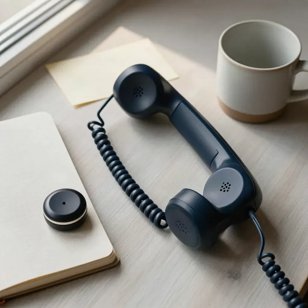 Top-down still life of a phone call setup on pale wood with navy accents.
