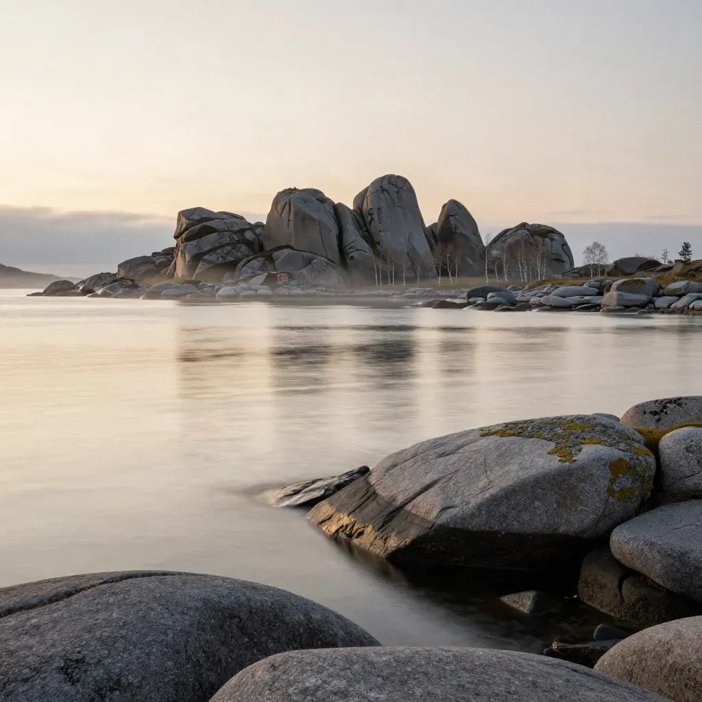 Nordic granite skerries in misty midnight light over calm pale water