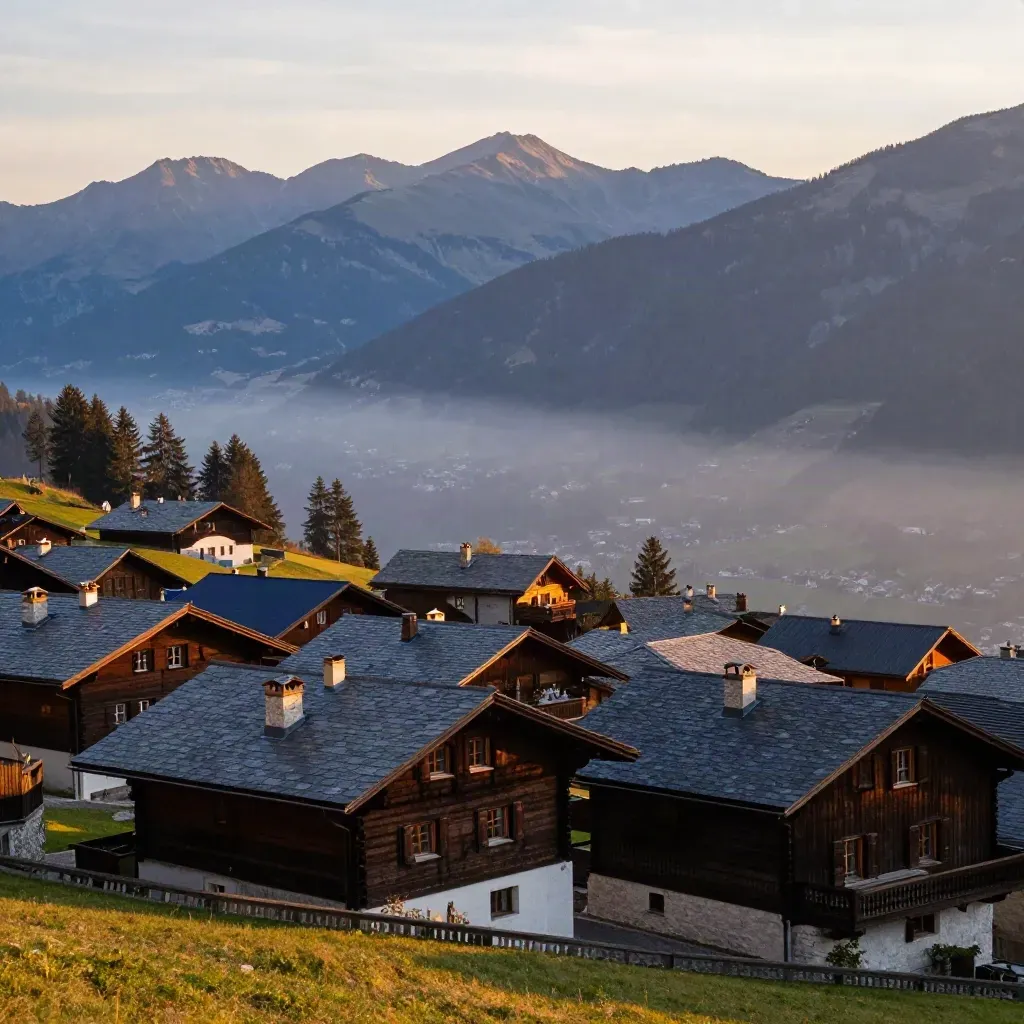 Sunset view over a DACH alpine town with slate roofs and hazy mountains, copy space below.