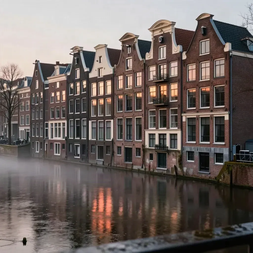 Amsterdam canal houses reflected in misty water at dawn after rain