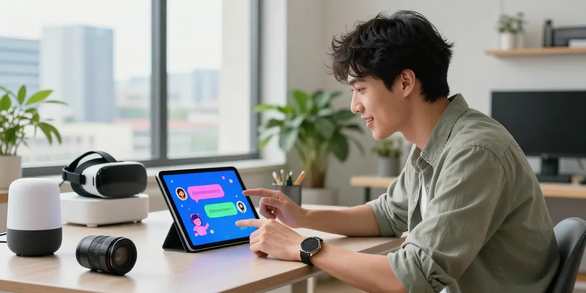 Interactive AI conversation scene with a user engaging with crushonai on a tablet in a modern workspace.