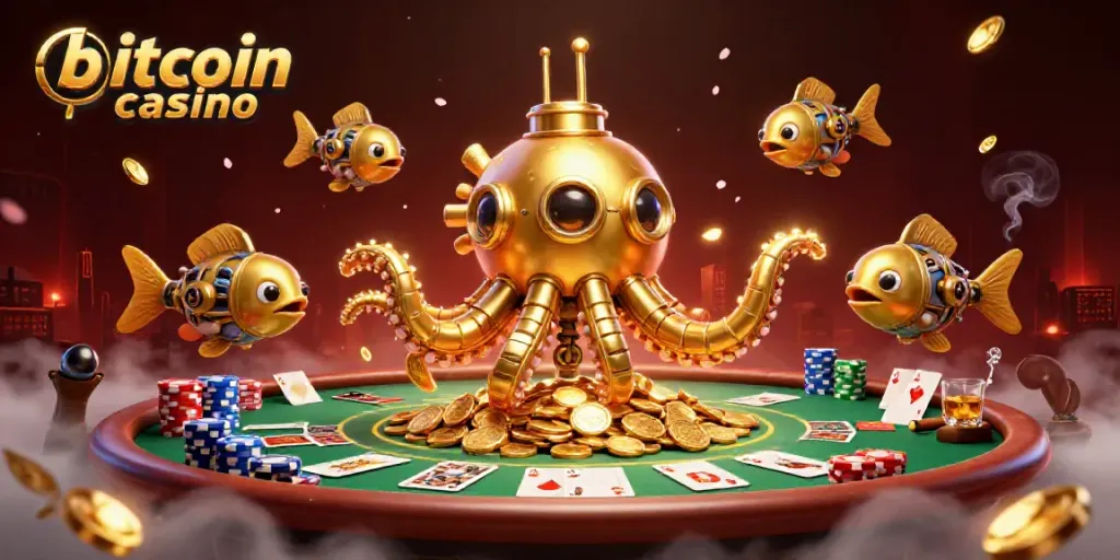 Experience the excitement of a bitcoin casino with a golden kraken and poker chips.