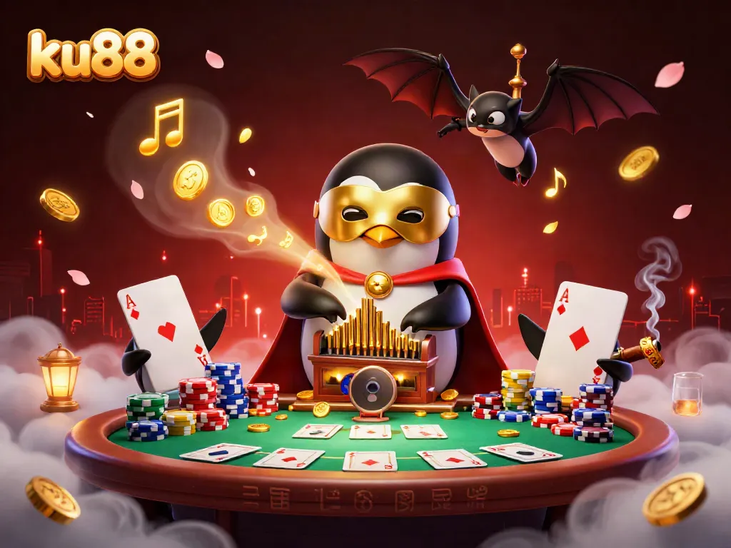 Experience the vibrant world of ku88, where a cartoon phantom penguin plays a golden pipe organ amidst poker elements.