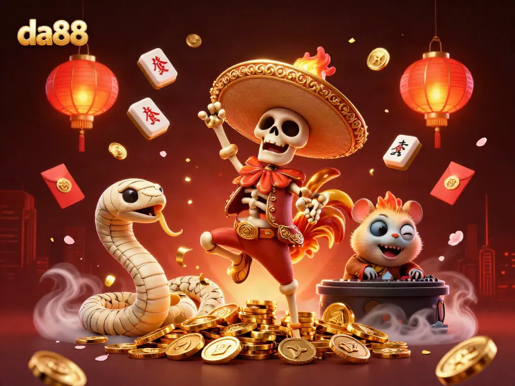 Experience thrilling gameplay at da88 with skeleton mariachi, mummy snake, and DJ hamster amidst vibrant casino elements.
