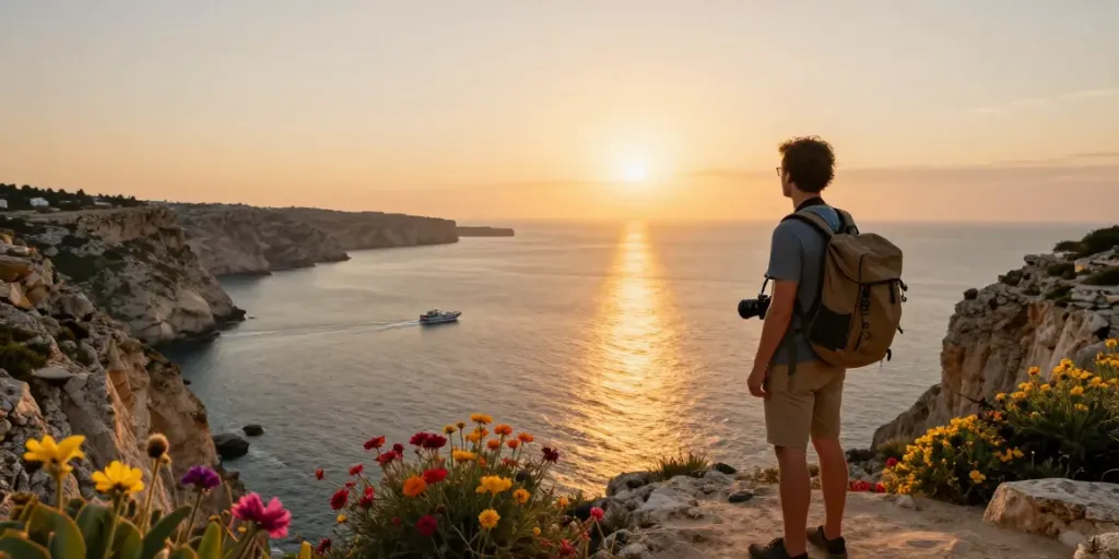 Traveler enjoying a stunning sunset view during a Malta Gozo tour, overlooking the Mediterranean Sea.